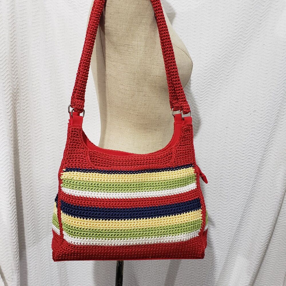 Multicolor  Rainbow  Knit Crochet  Striped Shoulder Bag 2 Handles